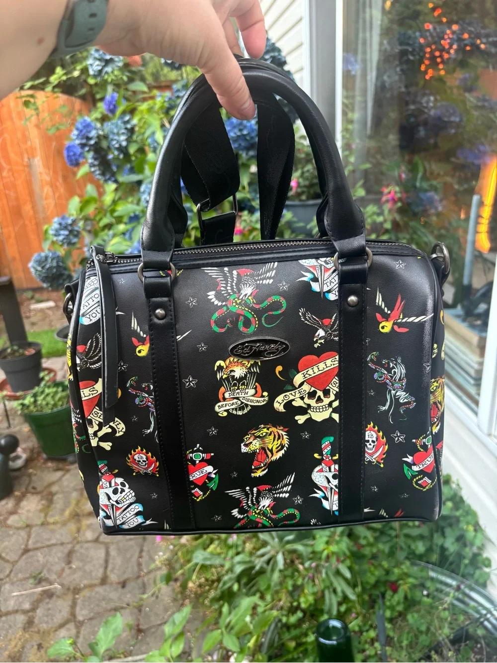 Ed Hardy Black Tattoo Flash Print Satchel Crossbody Bag Street Style Whimsygoth